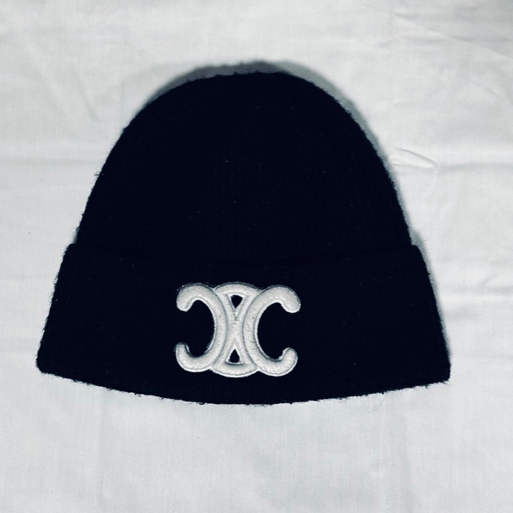 Celine Wool Beanie Black w/ White Triomphe Logo – Authentic, Rare, Excellent